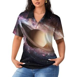 Solar System-Saturn Dames Sportshirt Korte Mouw Tee Golf Shirts Tops Met Knopen Workout Blouses
