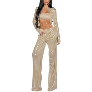 MLSHWUG Dames Amerikaanse Sexy Flitsende Afslankende Strapless Hoge Taille Rechte Broek 3-Delige Set,Khaki,M