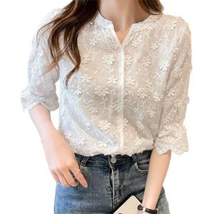 Gyios t shirt Summer Tops Lace Blouses Women Embroidery Floral Cotton White Shirt Casual Short Sleeve Women's Shirts-white-m