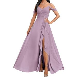 HPPEE Koude Schouder Bruidsmeisjes Jurken met Split Ruches A-lijn Chiffon Formele Avondfeestjurk, Wisteria, 32