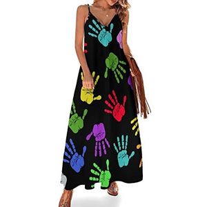 Regenboog handprints dames zomer maxi-jurk V-hals mouwloze spaghettibandjes lange jurk