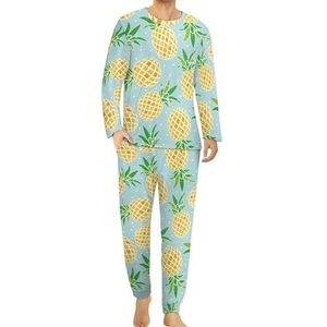 Caroon ananassen comfortabele heren pyjama set ronde hals lange mouwen loungewear met zakken XL