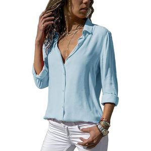 ASKSA Damesblouse, chiffon, elegante blouse met lange mouwen of korte mouwen, effen, V-hals, losse hemdblouse, T-shirt, tops, lichtblauw, XXL