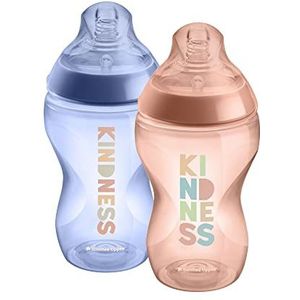 Tommee Tippee Close to Nature Babyflessen, natuurlijk gevormde drinkzuiger met anti-koliekventiel, 340 ml, set van 2, Be Kind blauw en roze (kleur en design kan variëren)
