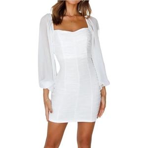 Damesjurk met Vierkante Kraag en Geplooide Mesh, Elegante Bodycon-jurken met Lange Mouwen voor Een Avondje Uit(Color:White,Size:L)