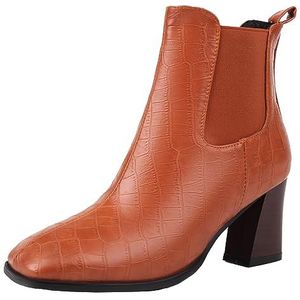 SJJH Chelsea boots voor dames met dikke hakken en vierkante teenpartij, bruin, 41 EU