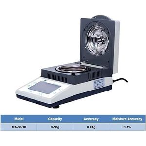 Graanvochtmeter, 110g 1mg 5mg 10mg 0,001g 0,005g 0,01g Halogeen 180 50g Snel verwarmend touchscreen Nauwkeurige vochtanalysator(MA-50-10)