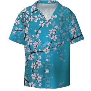 TyEdee Japanse kersenbloemen print heren korte mouw jurk shirts met zak casual button down shirts business shirt, Zwart, M
