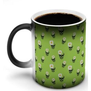 Groene Schedel Daisy Bloem Aanpassen Magic Warmte Veranderende Mok Keramische Cup Koffie Mokken Warmtegevoelige Grappige Gift