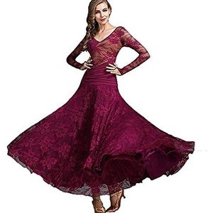 SELICO Dames Melk Zijde Cotillion Moderne Tango Jurken Kant Chiffon Jurk Ballroom Dancing Jurken voor Vrouwen, Paars, XXL