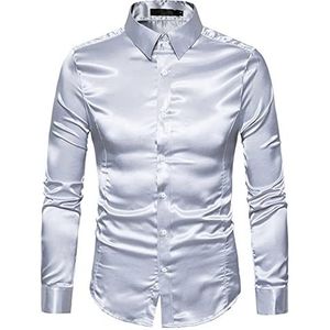 Heren Luxe Glanzende Zijde Zoals Satijn Lange Mouw Jurk Shirts voor Party Disco Prom Mannen Glanzende Satijnen Shirts Lange Mouw Casual Button Down Shirts 70s Disco Kostuum Jurk Shirts Lange Mouw