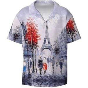 OdDdot Paris City Tree Eiffeltoren Art Print Heren Button Down Shirt Korte Mouw Casual Shirt voor Mannen Zomer Business Casual Jurk Shirt, Zwart, XXL