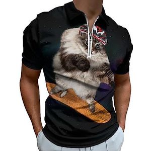 Grappig kattenschaatsen in Cosmos poloshirt voor heren, casual T-shirts met ritssluiting en kraag, golftops, slim fit