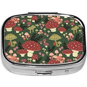 Mini vierkante pillendoos, medicijnorganizer, heldere paddenstoelen, kunst, draagbare EHBO-doos, reispillendoos met 2 vakken, kleine pillendoos voor zak of portemonnee