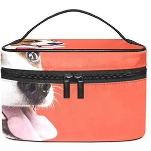 Make-up Organizer Bag, Reizen Make-up Tas Organizer Case Draagbare Cosmetische Tas voor Vrouwen en Meisjes Toiletries Speelse Leuke Hond Met Rode Boog, Meerkleurig, 22.5x15x13.8cm/8.9x5.9x5.4in