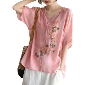 Dvbfufv Elegante V-hals knoop ruches borduurwerk blouses dames lente casual losse pullover shirt, Pnnrk, XL