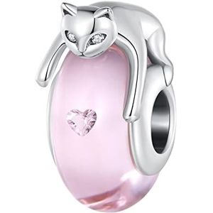 BIXPAK 925 sterling zilver roze glas kat bedel bungelende kralen, schattige doe-het-zelf handgemaakte hanger cadeau for vrouwen meisje compatibel met Pandora Troll Chamilia bedelarmband en kettingen