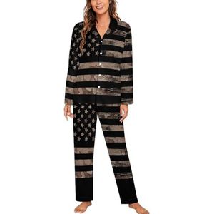 Amerikaanse Vlag Woestijn Camouflage Vrouwen Lange Mouw Button Down Nachtkleding Zachte Nachtkleding Lounge Pyjama Set S