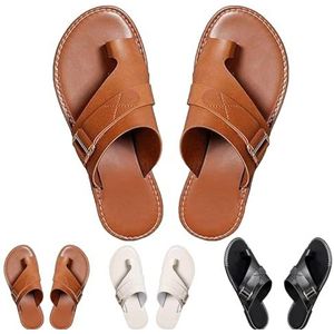 Lichtgewicht Orthopedische Sandalen Gemaakt Van Premium Leer, Platte Leren Sandalen Voor Dames, Elegante Sandalen Met Open Teenring, Lusriem, Slip-on-slippers, Slippers (36,Bruin)