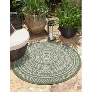 the carpet Mistra - robuust tapijt voor buiten, modern, weerbestendig en uv-bestendig, voor balkon, terras en serre, maar ook geschikt voor de keuken, plat geweven, groen, 120 x 120 cm, rond