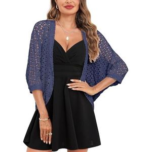 Gyabnw gehaakte bolero's voor dames, zomerbolero, vest met vleermuismouw, open voorjas voor bruiloft, feest, avond, Donkerblauw, M