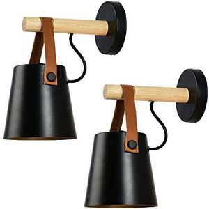 iDEGU Set van 2 wandlampen voor binnen, vintage, industrieel, wandlamp, E27, metalen lampenkap met houten standaard, voor woonkamer, hal, bar (zwart hoed)