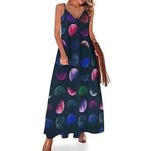 Kleurrijke maan dames zomer maxi-jurk V-hals mouwloze spaghettiband lange jurk