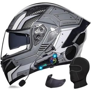 Flip-Up Helm Met Bluetooth Motorhelm Heren, ECE Gecertificeerde Crashhelm, Geïntegreerde Microfoon, Dubbel Vizier Modulaire Helm E,XL=61-62CM
