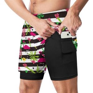 Zomer Tropische Flamingo's En Palmbomen Grappige Zwembroek met Compressie Liner & Pocket Voor Mannen Board Zwemmen Sport Shorts