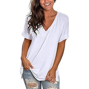 Dames T-shirts zomer korte mouwen V-hals T-shirts casual basic T-shirts dames effen korte mouwen T-shirts zomer korte mouwen effen tuniek T-shirts, Eén wit, XL