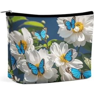 JKLQWH Lederen make-uptas, waterdichte make-uptas voor vrouwen, witte bloemen, blauwe vlinders, open platte toilettassen, draagbare tas met rits, make-up-organizer voor reisaccessoires