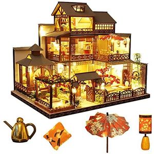 September - Japanse stijl retro villa poppenhuis miniatuur met meubels, DIY houten poppenhuis kit met ledlicht, schaal 1:24, creatieve ruimte voor verjaardagscadeau