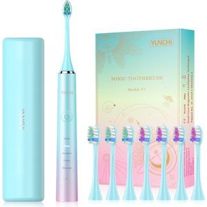 YUNCHI Y7 Elektrische tandenborstel voor volwassenen, oplaadbare sonische tandenborstel met 8 borstelkoppen en reisetui, 5 borstelmodi, blauw