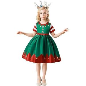 Meisjes Kerstkostuum Kerstman Sneeuwpop Elf Feestjurk Kerstavond Print Hot Stijl(Green,150)