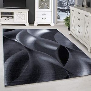 Laagpolig vloerkleed, Ontwerp met abstracte golven, Vloerkleed Zwart, 160 x 230 cm, Tapijten in moderne stijl, Tapijt woonkamer