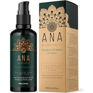 NIACINAMIDE Serum 100 ml, 100% veganistisch en biologisch, tegen overtollige olie en roodheid, verkleinen poriën, met vitamine C + aloë vera, verwijdert onzuiverheden van de huid ANA Naturkosmetik
