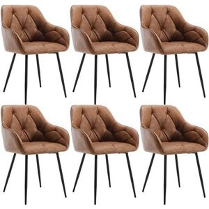 WOLTU EZS03br-6 Eetkamerstoelen, 6-delige set, keukenstoel, stoel voor woonkamer, ergonomische stoel, armleuning, zitvlak van vintage kunstleer, metalen poten, bruin