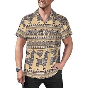 Leuke alpaca lama met etnische ornamenten heren casual button-down shirts korte mouw Cubaanse kraag T-shirts tops Hawaiiaans T-shirt 2XL