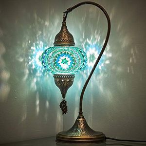 Turks / Marokkaanse Tiffany stijl, handgemaakte, kleurrijke mozaïek, nacht zwanenhals lamp licht, lampenkap voor tafel, bureau of nachtkastje, 48 cm (Turquoise)