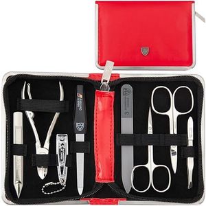 DREI SCHWERTER Germany nagelverzorgingsset nageletui 'Andria' - 8-delig van rood kunstleer, inhoud: nagelschaar, nageltang, glazen nagelvijl, huidschaar, pincet en nog veel meer!