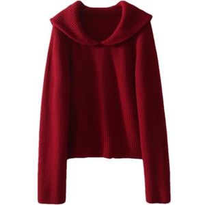 Dames wollen trui trui marine kraag slouchy stijl effen kleur casual gebreide top, Rood, M