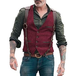 BYLUNTA Hunting Tweed vest voor heren, vintage, retro, V-hals, bruiloft, zakelijk, slim fit, party, wol, S-3XL, bordeaux, M