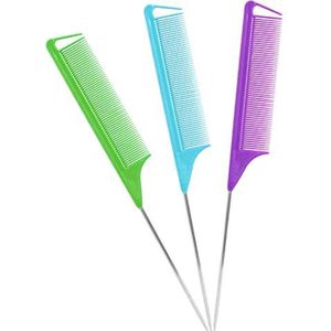 Rat Tail Combs Afscheid Kam: 3 Stks Rat Tail Comb Set, Lange Stalen Pin Rat Tail Plagen Kam, Haarkammen voor Salon Haar Stylist, Staart Kammen Metaal, Scheiding Kammen voor Vrouwen (Paars|Groen|Blauw)
