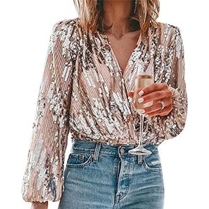 Dames Elegante Glitter Pailletten Blouse Dames Sparkle Lange Mouwen Tops Feest Glanzend T-shirt V-hals Shirts Blouses