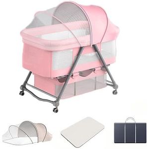 3-in-1 babymand, draagbaar, met opbergmand, schommelstoel, bed, nachtkastje, box, in hoogte verstelbaar, grote opbergtas (kleur: roze)