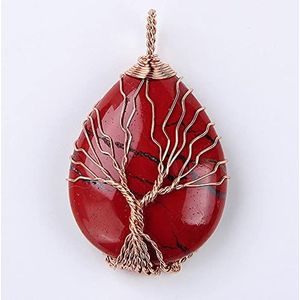 Rose Goud Kleur Wire Wrap Levensboom Water Drop Hanger voor Vrouwen Ketting Natuursteen Paars Roze Kristallen Hangers Sieraden-Rode Steen