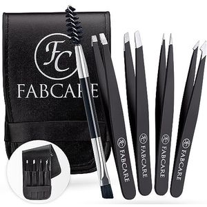 FABCARE Wenkbrauw pincettenset met wenkbrauwborstel en etui (5-delig) – Verbeterde punt – Pincet voor wenkbrauwen epileren – Professionele wenkbrauwpincet met antislip coating – Pincet voor ontharing