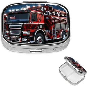 Pillendoosje met spiegel, retro pillendoos met 2 compartimenten, rode brand- en reddingsvrachtwagen, kleine pillenorganizer voor portemonnee of zak, decoratieve metalen medicijnen, vitamine-organizer,