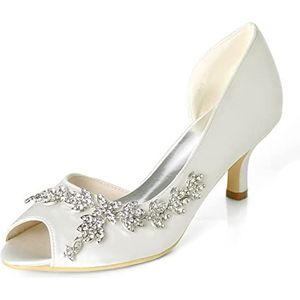 SYDZSW Satijnen Naald Hak Trouwschoenen Bruidsschoenen Hoge Hakken Ivoor Sandaal Bruidsband met Strass 35-43, Ivoor, 35 EU
