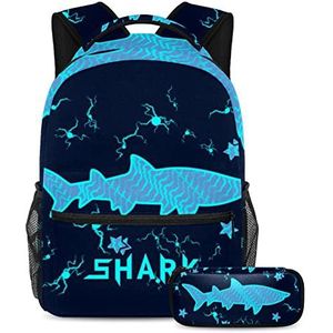 Shark Silhouette Rugzak met Etui, 2 Stks Kid Schooltas Set voor Jongens Meisjes Tieners, Travel Book Bag voor Studenten, Veelkleurig #01, B：29.4x20x40cm P：19x7.5x3.8cm, Rugzakken